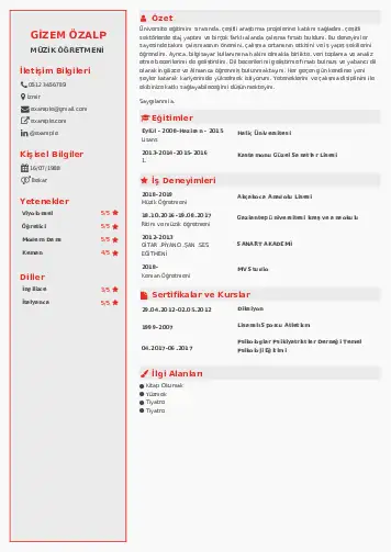 Müzik Öğretmeni Cv Örnekleri cv indir